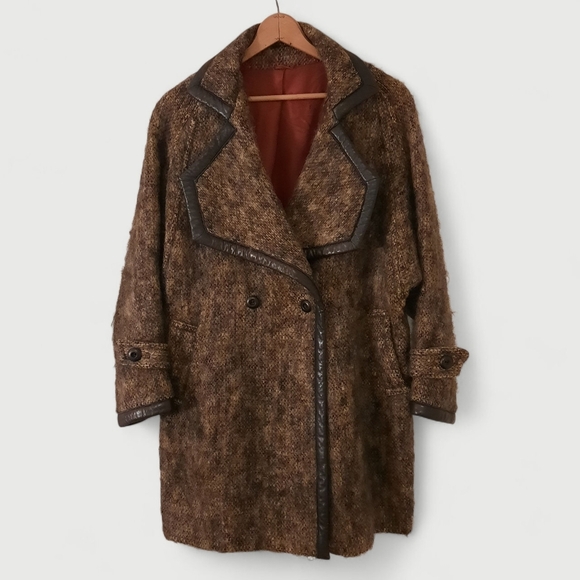 Vintage Jackets & Blazers - 70s Mohair Leather Donegal Oversize Coat Ireland Wool Relaxed Coat Trench Fuzzy